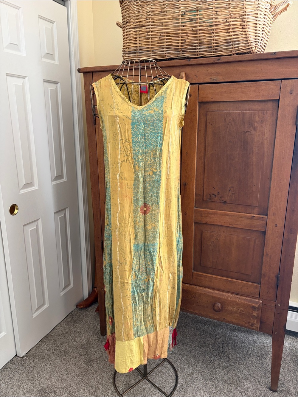 VINTAGE 90s JG’s Mad Lab Lagenlook Yellow and Teal Boho Maxi Dress